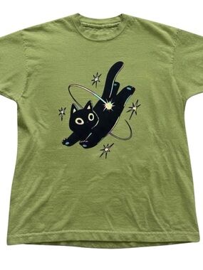 Gildan Green Tee with Black Space Cat Graphic